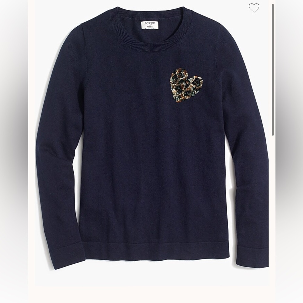 J. Crew Factory Sequined-heart leopard Teddie sweater Sz medium blue